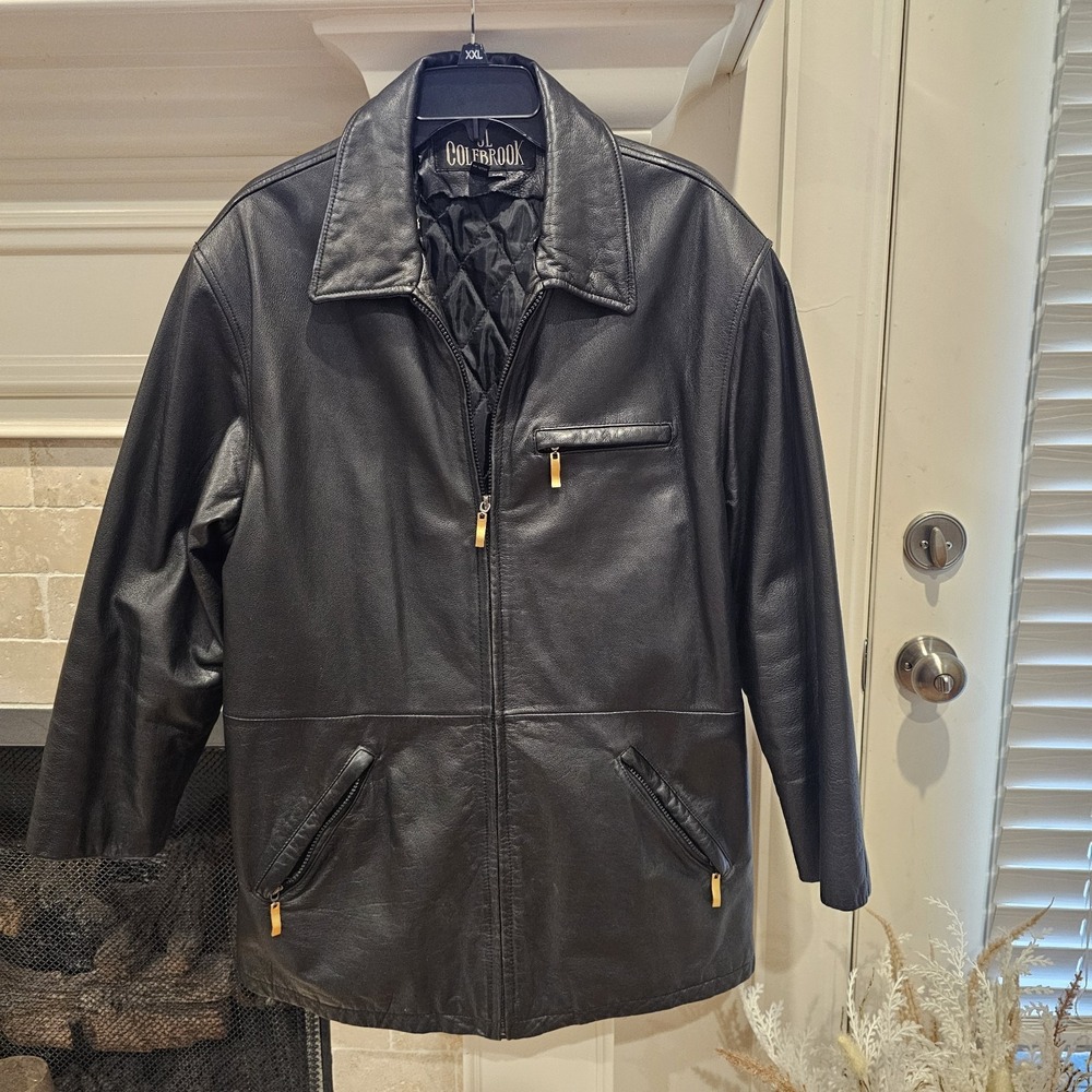 COLEBROOK Mens Black 100% Leather Jacket Y2K Coat Pockets Zip Front Size L